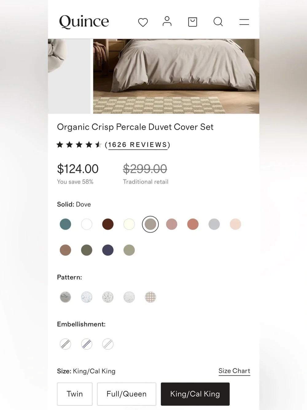 Quince Organic Crisp Percale Duvet Cover Set King Dove NWOT 3pc Never Used